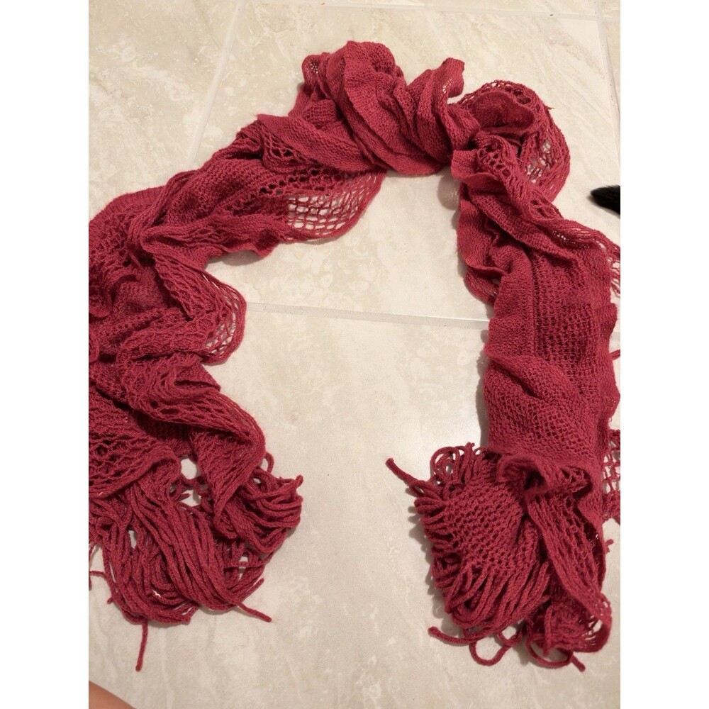 Burgundy w/shimmering Metallic Ruffled/Fringed Open Weave Acrylic Scarf 8ft Long